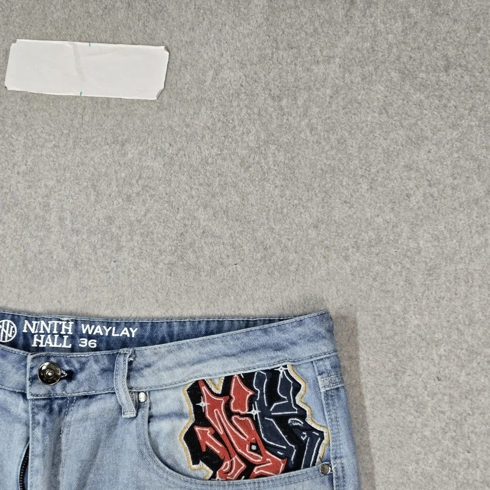 Ninth Hall Men Shorts 36 Light Blue Denim Y2K Grunge Embroidered Graphic Skull